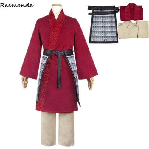 2020 Movie Hua Mulan Cosplay Costumes Princess Dress Up Women Mulan Top Pants Sets Red Coat Hanfu Korea Uniform Adult Kid Outfit