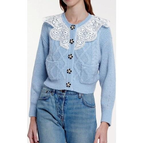 2021 New Style Women Knitted Sweater Light Blue Color Lace Collar Drill Buttons Ladies Cardigan Long Sleeve Sweater