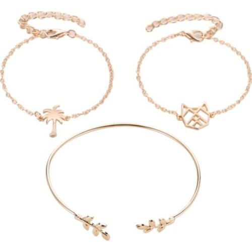 3 Pcs / Set Golden White Hollow Cute Cat Leaf Coconut Tree Alloy Open Adjustable Fashion Bracelets For Women Girls