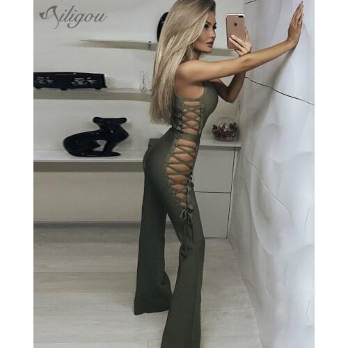Ailigou 2021 New Fashion Sexy Sleeveless Side Tie Hollow Flare Trousers Jumpsuit Ladies Workwear Bandage Tight Party Jumpsuit