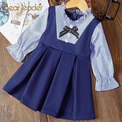 Bear Leader Casual Girls Dresses Long Sleeves Baby Girl Dress Striped Princess Dress Fashion Bow Girl Kids Clothes Vestidos