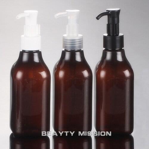 BEAUTY MISSION 200ML Brown Square Essential Oil Pump Plastic Empty Bottle,DIY Cosmetic Refill Oil Lotion Pump Container
