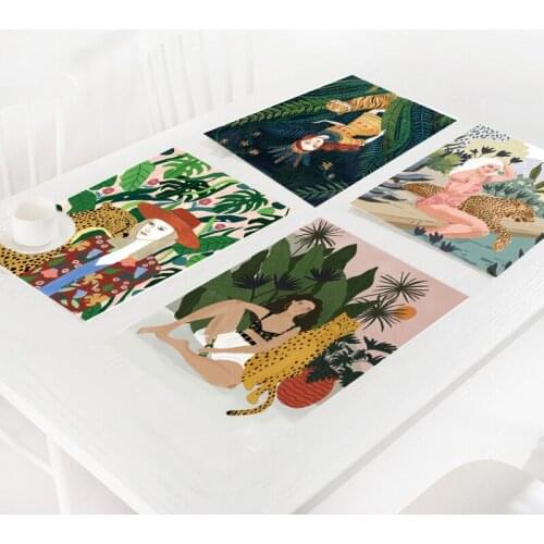 Flora Tiger and Girl Watercolor Tableware Placemat Decorative Illustration Tablecloth Plate Pad Linen Fabric Craft Leopard Lady