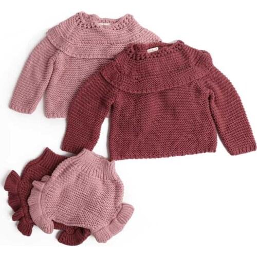 Baby knitting Clothing Sets Two Girls Suit Knit 0-2 Year Cotton Baby Long Sleeve Blouse + Lotus Leaf Shorts Baby Clothing Set