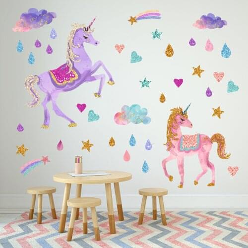 Baby Gift Shiny Cartoon Ins Unicorn room wall sticker Colored Clouds Rain Drop for Childrens Room family