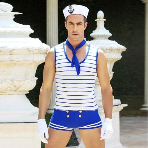 2021 Hot Sale Blue & White Fashion Sailor Costume Men Cosplay Clothes Halloween Outfit Party Club Wear Sexy Costumes For Adults