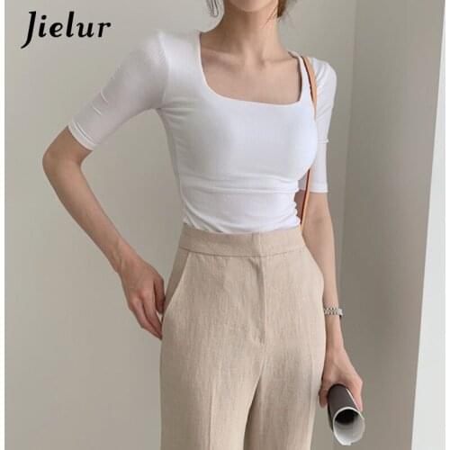 Jielur Pure Color Short Sleeve Square Collar T-shirt Women New Female Summer Basic Black White T Shirt Skinny Cotton Tees Chic