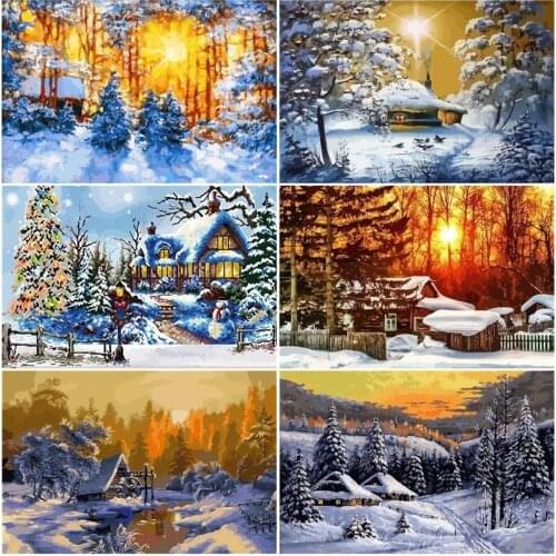 GATYZTORY Pictures By Number Snowhouse Handpainted Kits Drawing Canvas Coloring Oil Painting Winter Landscape Home Decoration