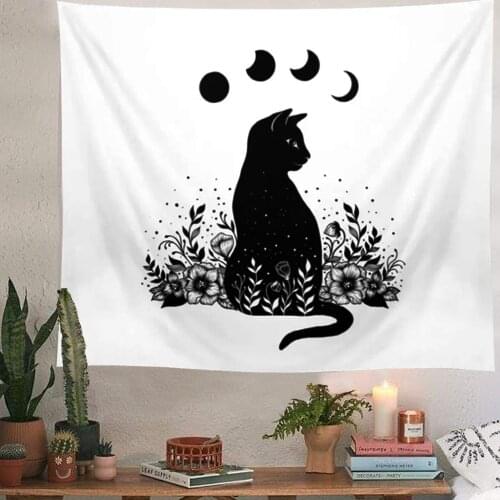 Cat Witchcraft Tapestry Wall Hanging Floral Tapestries Mysterious Divination White Moon Phase Home Wall Black Cool Decor Cat