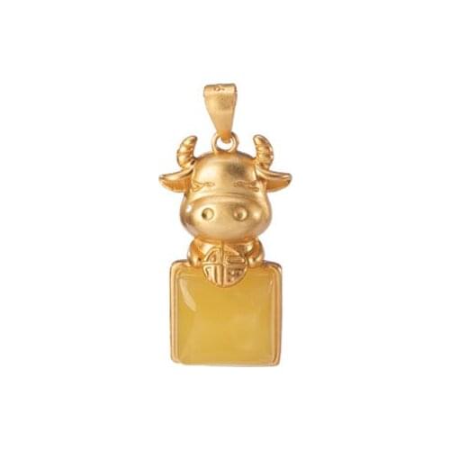 S925 sterling silver gold plated Natural Amber Beeswax National tide Cute cow Chinese zodiac cow Birth year Pendant