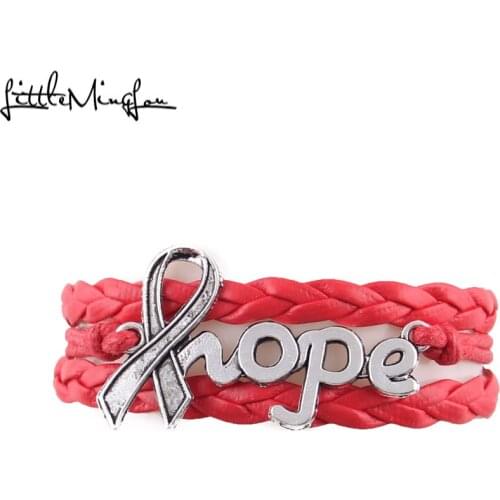 Little Minglou 16 colors Ribbon Hope charm bracelet Disease Awareness leather wrap men bracelets & bangeles for women jewelry