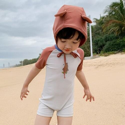 Cute One Piece Children Swimsuit Bear Printed Swimwear for Little Boys Short Sleeve Sun Block Quick-dry Summer Swimming Suit