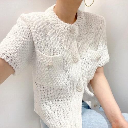 Solid Simple All Match O Neck Single Breasted Loose Casual Short Sleeve White T-shirt for Women Cardigan X431