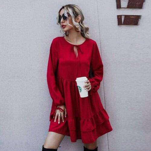 Autumn Winter Ruffles Solid Dress Women Casual O Neck High Waist Above Knee Dress For Women 2020 New Fashion