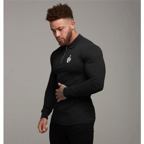 Polo Shirt Mens Long Sleeve Polo Shirts Zipper Slim Fit Turn-Down Collar Autumn Bodybuilding Fitness Tops Plus size Polo Blouse