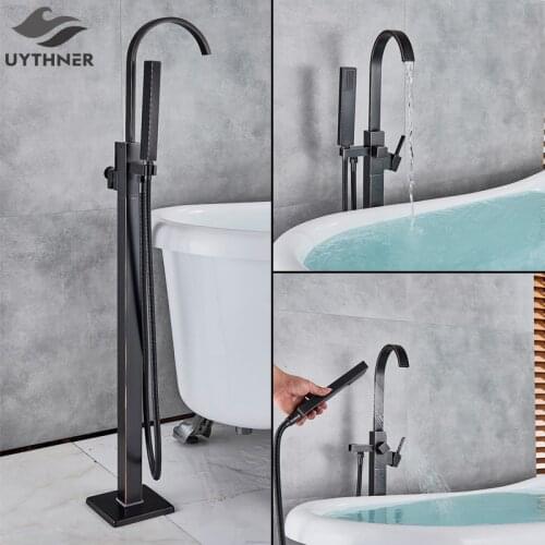 Contemporary Black Bronze Bathroom Shower Bath Tub Mixer Tap Bathroom Faucet Floor Mounted Tub Tap Single Handle W/Hand Shower