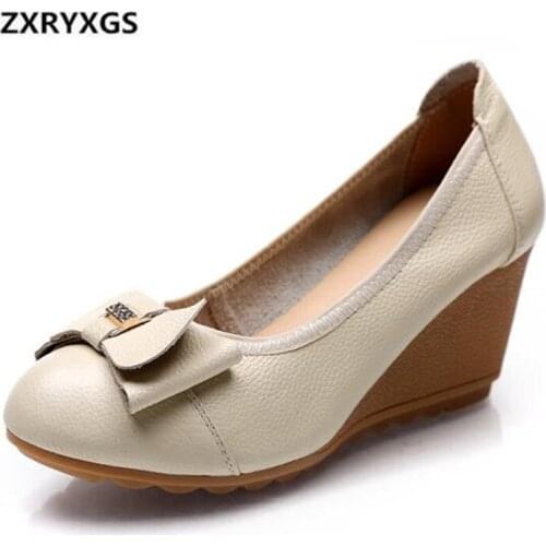 2021 New Spring Elegant Fashion High Heels Women Shoes Rhinestone Bow Genuine Leather Shoes Woman Non-slip Comfort Wedges Shoes