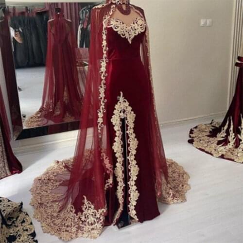 Burgundy Velour Mermaid Moroccan Kaftan Evening Dress With Cloak Applique Lace Saudi Arabia Special Occasion Gowns Prom Dresses