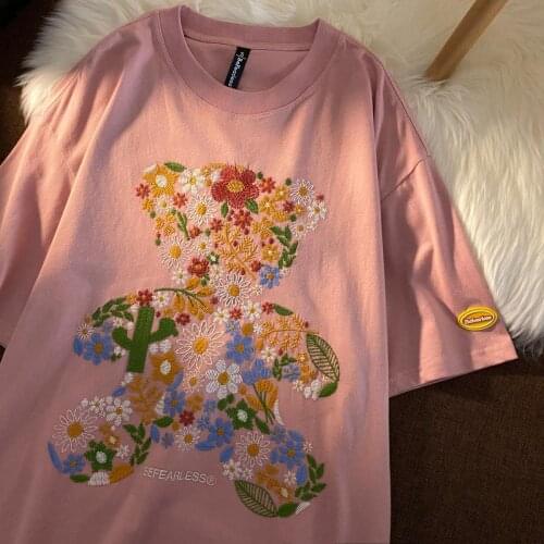 Plant Bear Embroidery Short-sleeved T-shirt Women Spring 2021 New Loose Round Neck Top