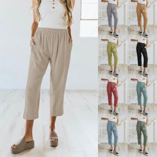 Womens latest casual and comfortable cotton and linen series cropped trousers with elastic bands