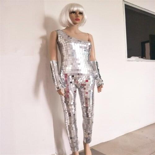 DC105 Silver mirror stage bodysuit female jumpsuit ballroom dance women costumes catwalk performance dresses outfits robot bar