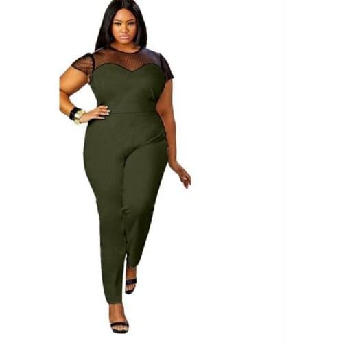 2021 Summer Fashion Jumpsuit Regular Jumpsuit Lace Mesh Stitching Large Size New Fashion Short Sleeve Round Neck Casual Jumpsuit