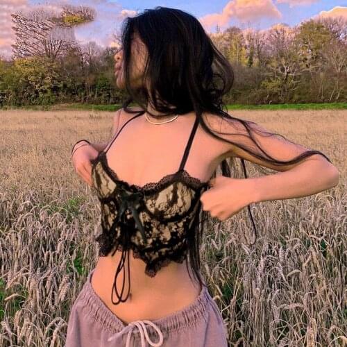 Goth Aesthetic Lace Crop Tops Women Back Zip Up Dark Academia E Girl Clothes Double Layer V Neck Sexy Cami Top 2021