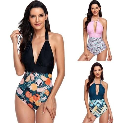 Summer New Sexy Bandage Women One-piece Beachwear Print Strap Ladies Deep V Neck Swimsuit Push-up Bikini