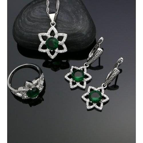 925 Silver Jewelry Sets For Women Natural Green Cubic Zirconia White Crystal Star Shape Ring Pendant Necklace Earrings Sets