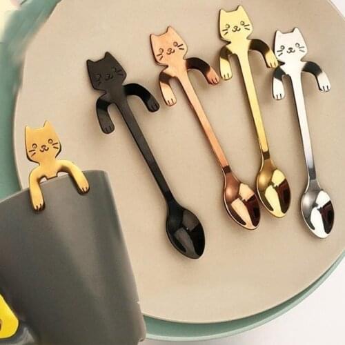1 Piece Cute Cat Spoon Long Handle Spoons Flatware Drinking Tools Kitchen Gadgets (Color: Silver)