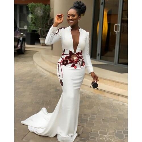 White Aso Ebi South African Evening Dresses Mermaid V-neck Long Sleeves Appliques Nigeria Saudi Arabic Evening Gown Prom Dress