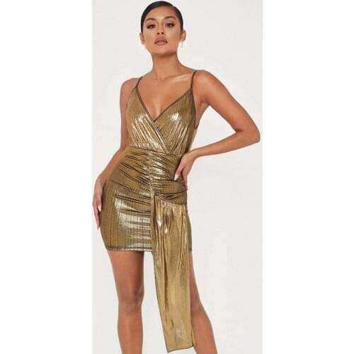 BKLD Sexy Women Sleeveless Bodycon Dresses 2020 Hot Summer Shiny Metallic Party Short Mini Clubwear Fashion Wrap V-neck Sundress