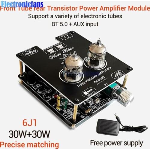 DC 12V 3A X302 Bluetooth 5.0 AUX Input 30W+30W Tube Amplifier Power Amplifier Module 6J1 Tube with HIFI EU/US Power Supply