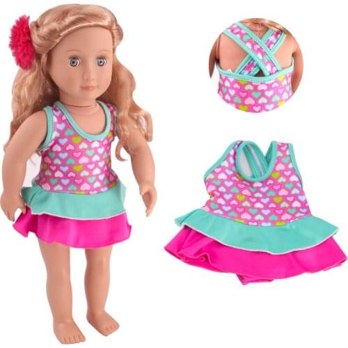 Dolls clothes American New 2-color loving heart print swimsuit Backless dress accessories fit 18 inch Girl and 43 cm baby c749