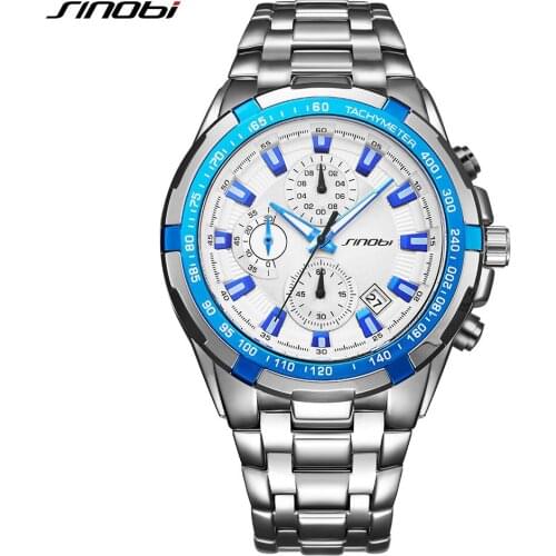 SINOBI Stainless Steel Watchband Blue Dial Men Quartz Watches Man Fashion Sports Military Clock Hour Time Relogio Masculino