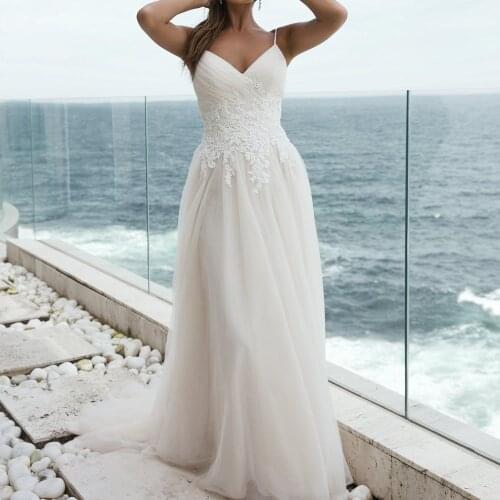 MYYBLE Beach Wedding Dress 2021 Spaghetti Straps Lace Applique A Line Simple Elegant Open Back Bridal Gowns Custom Made