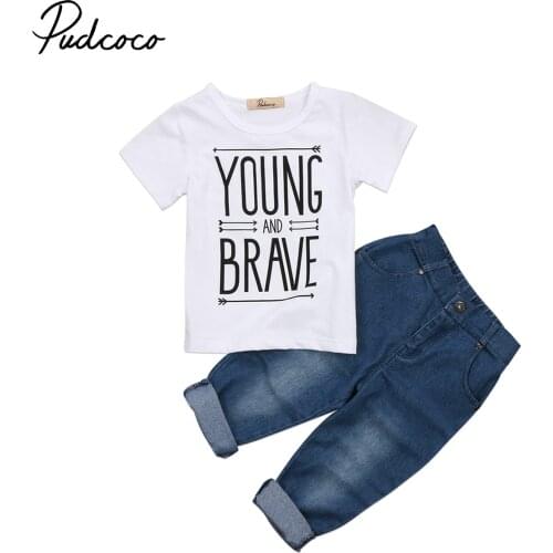2017 Brand New Newborn Toddler Infant Kid Baby Boy Clothes Short Sleeve T Shirts Tee Tops Denim Pants 2Pcs Outfit Casual Sets