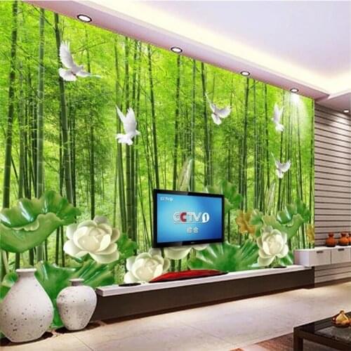 Beibehang Wallpaper custom wallpaper mural bamboo forest lotus jade carving background wall large lotus glass background wall