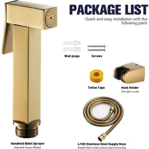 Hand Held Bidet Sprayer Douche Toilet Kit Shiny Gold Brass Square Shower Head Copper Set Jet Bidet