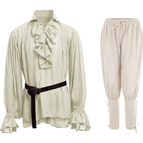 Medieval Vikings Shirts Ruffled Gothic Steampunk Victorian Pirate Cosplay Costume Mens Tops Pants Lacing Up Shirt Larp Vintage