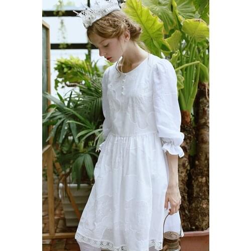 Spring Autumn Dress Women Vintage Elegant Slim Handmade Embroidery Midi Dress Princess Mori Girl Casual Cotton Linen White Dress