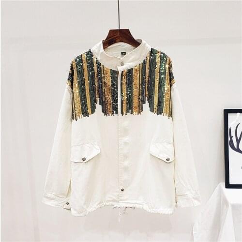 2021 New Streetwear Patchwork Sequin Jacket For Women Lapel Long Sleeve Casual Coat Female Fall Fashion New Clothing Femal