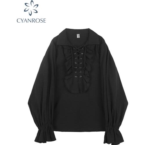 Vintage Gothic Shirt Women Renaissance Flare Sleeves Ruffles Oversize Club Party Evening Girl Lolita Black Goths Blouse Tops