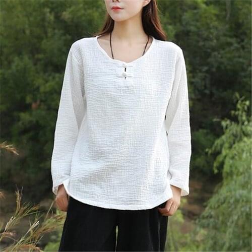 Plus size S - 6XL Women Cotton Linen Casual long sleeve Solid Color Chinese style Shirts Top big size Womens Clothing