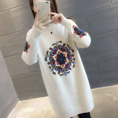 2021 Spring Autumn Women Knitted Pullovers Sweater Female Long Sleeve Embroidery Sweater Knitwear Mid-length Jumper Pull Female