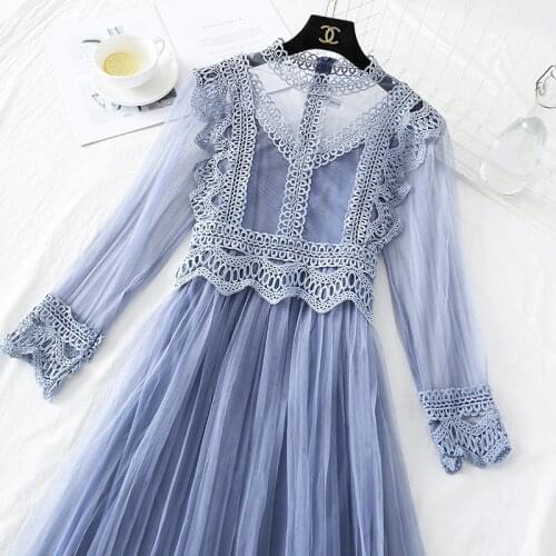 Lace Floral Border Mesh Suspender Dress for Women Spring and Autumn 2021 New Long Dress Two-Piece Suit