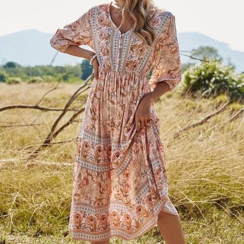 Floral Chiffon Flowy Dresses for Women Summer Midi Dress Boho Print V Neck High Waist Lantern Sleeve Swing Dress Sundresses