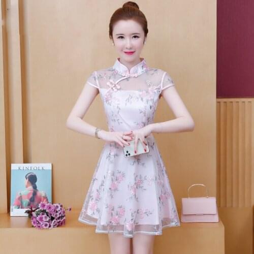 2021 chinese style modern lace cheongsam dress double layer dress stand-up collar embroidered elegant formal party qipao dress