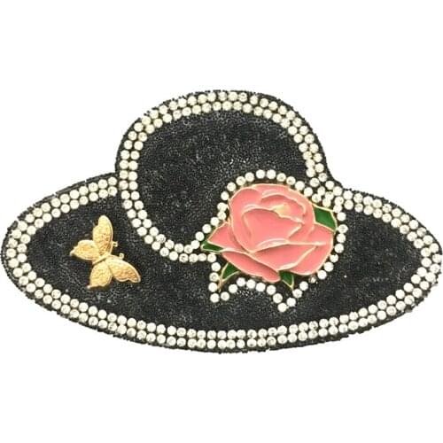 3D Rhinestones Beaded Beach Hat Iron on Patches for Clothes Hot Melt Crystal Butterfly Rose Headgear Applique Patch DIY Stickers