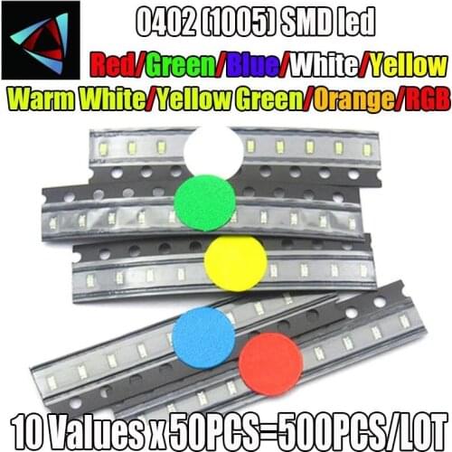5Values x 100pcs =500pcs New 0402 Ultra Bright SMD Red/Green/Blue/White/Yellow LED kit